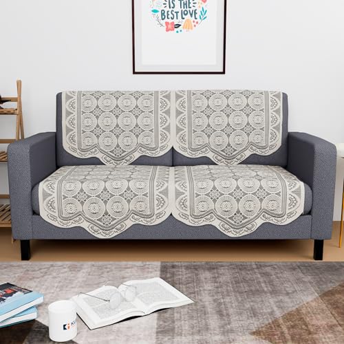 Image of Kuber Industries (Set of 4) Stylish & Durable Cotton Sofa Covers 2 Seater | Washable Sofa Protector /Mat & Slipcover for Hall, Living Room & Office | Plain Circle - Off White
