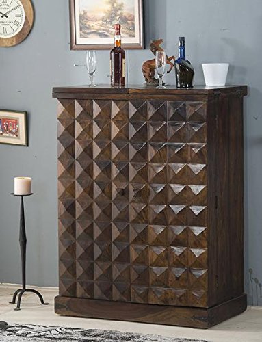 SS WOOD Furniture Wooden Door's Diamond Design Brown Bar Cabinet with Wine Glass Storage(90 * 50 * 123) cm
