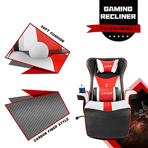 Furniwell Gaming Recliner Chair Racing Style Gaming Ergonomic High Back Computer Chair Swivel Game Reclining Chair Adjustable Backrest And Footrest W/Cup Holder (Red/White) #TOP2