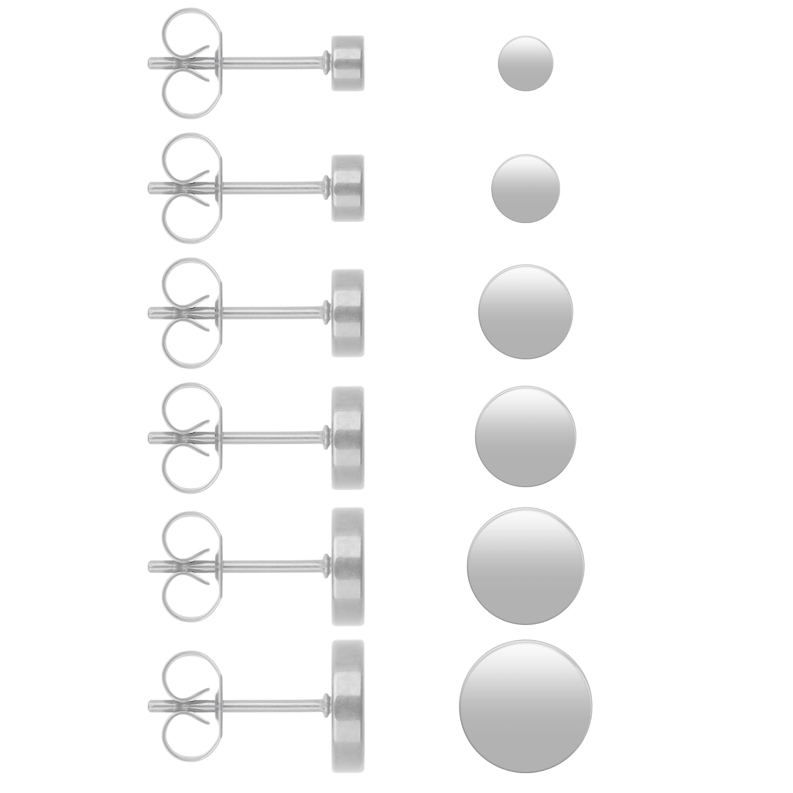Yolev6 Pairs Dot Stud Earrings Round Flat Top Stud Earrings Set Unisex Stainless Steel Ear Studs for Women Men (3mm-8mm)