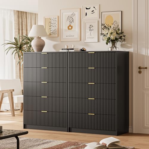 Image of MAISONARIA 5 Drawer Dresser for Bedroom, Tall Dresser Chest of Drawers with Gold Handles, 32 Inch Wide Nightstand with for Bedroom, Living Rooms, Offices, and Entryways, Black