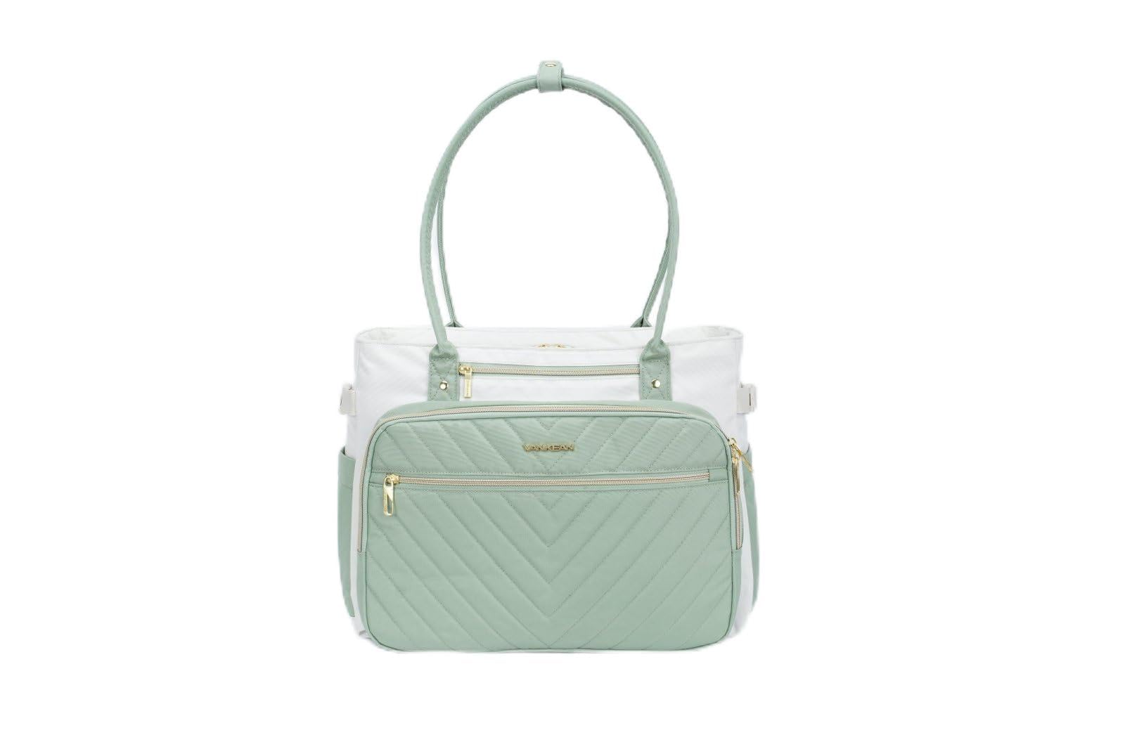 VANKEAN Borsa per laptop da donna, 15,6 pollici, borsa da lavoro impermeabile, borsa a tracolla per computer, borsa grande per lavoro, viaggi d'affari, beige/verde chiaro