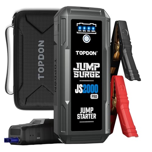 TOPDON JS2000 Pro Arrancador de Coches Portatil 2500A 16000mAh, Arrancador de Baterias de Coche 12V para Gasolina 8.0L y Diésel 6.0L, Car Jump Starter con Función Boost, Luz LED y Puertos USB-C