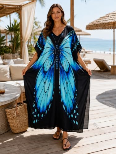 Image of sunforyou Kaftan Dresses for Women Plus Size Lightweight Swimsuit Cover up Batwing Sleeve Print Loungewear Beach Robe