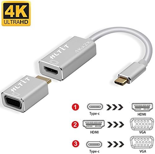 USB C to HDMI VGA Adapter,HLTIT 3 in 1 USB 3.1 Type C to HDMI 4K,HDMI TO VGA Cable Thunderbolt 3 Compatible for Apple New Macbook Pro 2017, Samsung Galaxy S8,ChromeBook Pixel Male to Female-Aluminium