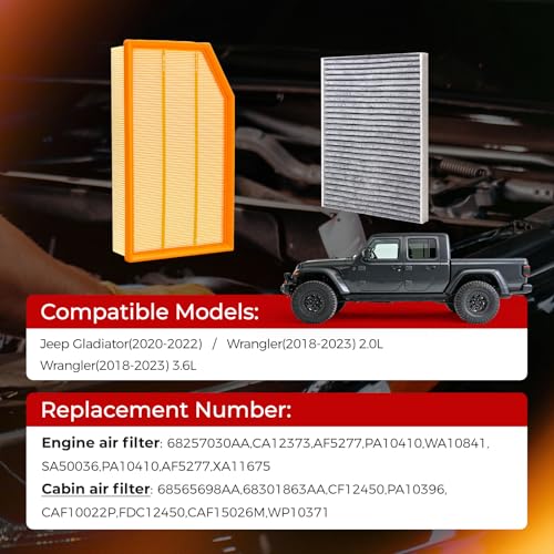 Image of CF12450 Engine & Cabin Air Filter Kit Compatible with Jeep Gladiator 2020-2024 Wrangler JL 2018-2024 2.0L 3.6L Gas Maintenance Set Replace CF12450 CA12373