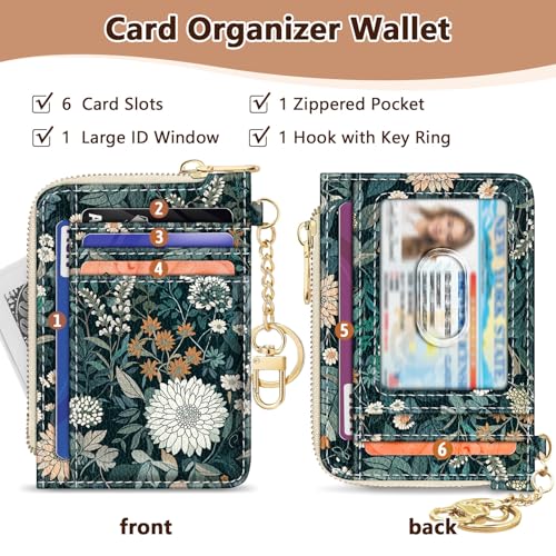Image of GIANCOMICS Slim Wallet Credit Card Holder Women, Vintage Weeds Floral Rfid Small Card Case, Keychain Thin Pocket Curved Zipper Wallet, Travel Card Holder PU Leather ID Window, Ladies Female Gifts
