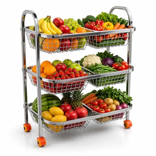 Image of OBEROI'S TRADERS Stainless Steel Vegetable & Fruit Storage Rack with Wheels, Kitchen Storage Basket Organizer, Rust Proof Stand for Onion, Potato, Fruits & Vegetables Trolley (3 Rack with 6 Partition)