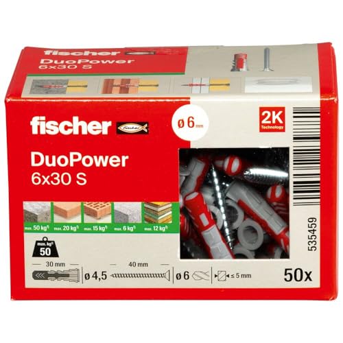 Image of fischer DuoPower 6 x 30 S, powerful universal plug with safety screw, intelligent 2-component technology for fastenings in concrete, bricks, stone, gypsum plasterboard, etc., 50 plugs & 50 screws