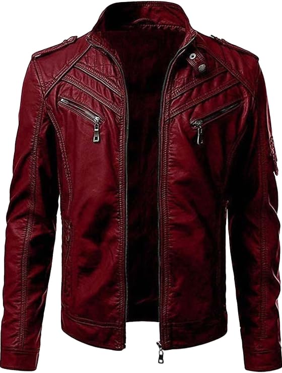 Men's Casual Stand Collar Biker Coat Long Sleeve Motorcycle Leather Jacket Fall Winter Sport Bomber Outwear