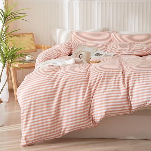 Image of Full Comforter Set Pink White Stripes Pattern Comforter Full Modern Style Striped Comforter with 2 Pillowcases Lightweight 3 Pieces Boho Bedding Comforter Farmhouse Striped Fluffy Comforter Set