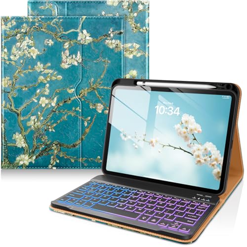 Image of DTTO for iPad 11th (A16) / 10th Generation Case with Keyboard (2025 /2022), 7 Colors Backlit Wireless Detachable Keyboard Leather Folio Cover with Pencil Holder & Pocket, Blossom