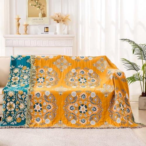 Image of XIBLC Boho Throw Blanket, 100% Cotton Ultra Soft Luxury Throw Rustic Quilt, Floral Printed Farmhouse Decor Bed Summer Blankets, All Season Rustic Reversible Bohemian Throw for Bed (90 inchx98 inch Yellow