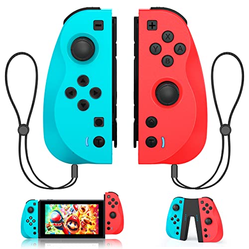 Tefelan Mando para Nintendo Switch, Mandos Inalambricos para Switch Lite OLED con Wake Up Gyro Axis Dual Vibración  Función Turbo y Batería 500 mAh (Rojo y Azul)