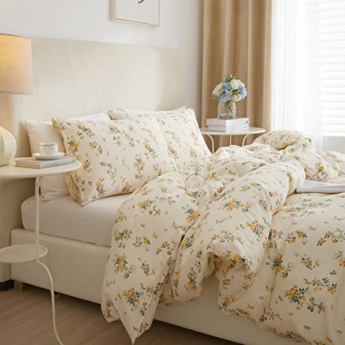 Image of VM VOUGEMARKET Twin XL Duvet Cover Set,Cottagecore Yellow Flowers Duvet Cover with 2 Pillowcases,100% Cotton Bedding Set,Chic Garden Floral Comforter Cover for Girls 68x90 Inch