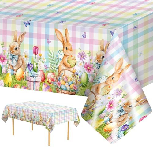 2 Pcs Easter Bunny Tablecloth Easter Plastic Buffalo Plaid Tablecloth Spring Flower Cute Rabbit Colorful Eggs Rectangle Table Cover for Table Decorations Party Decor Supplies Favors 108 x 54 Inch