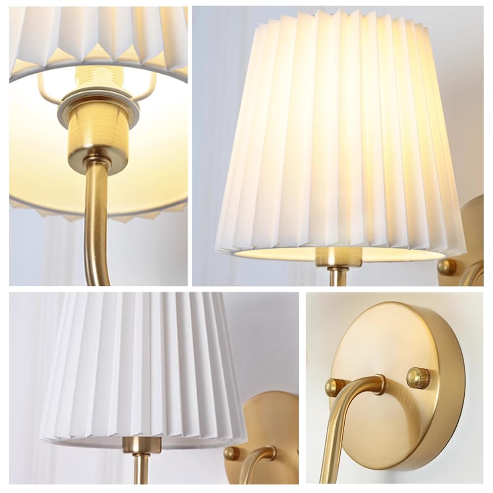 Aplique de Pared de Tela Plisada, lámpara Industrial Retro, candelabro de Metal con Acabado Dorado, portalámparas E14, lámparas de diseño de Mediados de Siglo para mesita de Noche