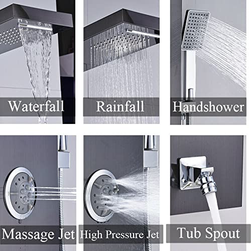 Panel de ducha de torre en acero inoxidable con sistema de lluvia y cascada, grifo de 5 funciones y masaje corporal con chorros miniatura 6