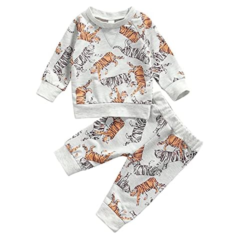 Ledy Champswiin Winter Newborn Baby Boy Clothes Set Infant Tiger Printed Outfits Cotton Long Sleeve Sweatshirt Tops and Pants 2PCS (Tiger Grey, 6-12 Months) Cover