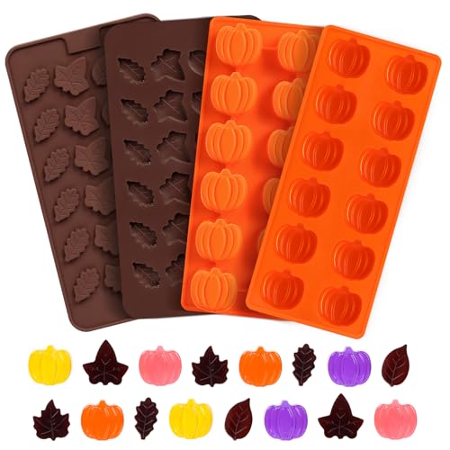 Image of 4 Pcs Pumpkin Silicone Molds, Halloween Pumpkin Candy Molds, Fall Maple Leaf Chocolate Mold for DIY Cake, Chocolate, Candy, Jelly, Wax Melt, Ice Cubes
