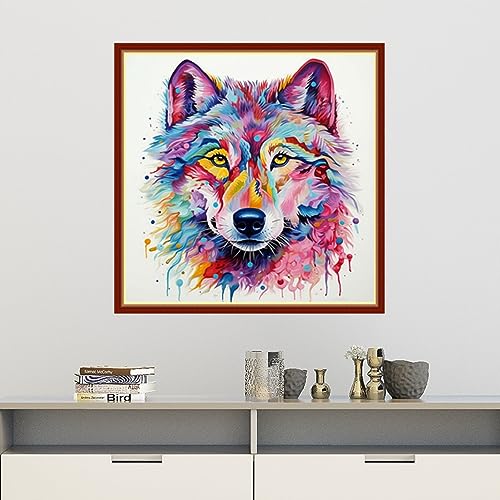 Image of Findvoor Stamped Cross Stitch Kits for Beginners Full Range of Cross Stitching Embroidery Pattern for Adults, 11CT DIY Needlepoint Embroidery Starter Kits-Colorful Wolf 17.7x17.7 inch