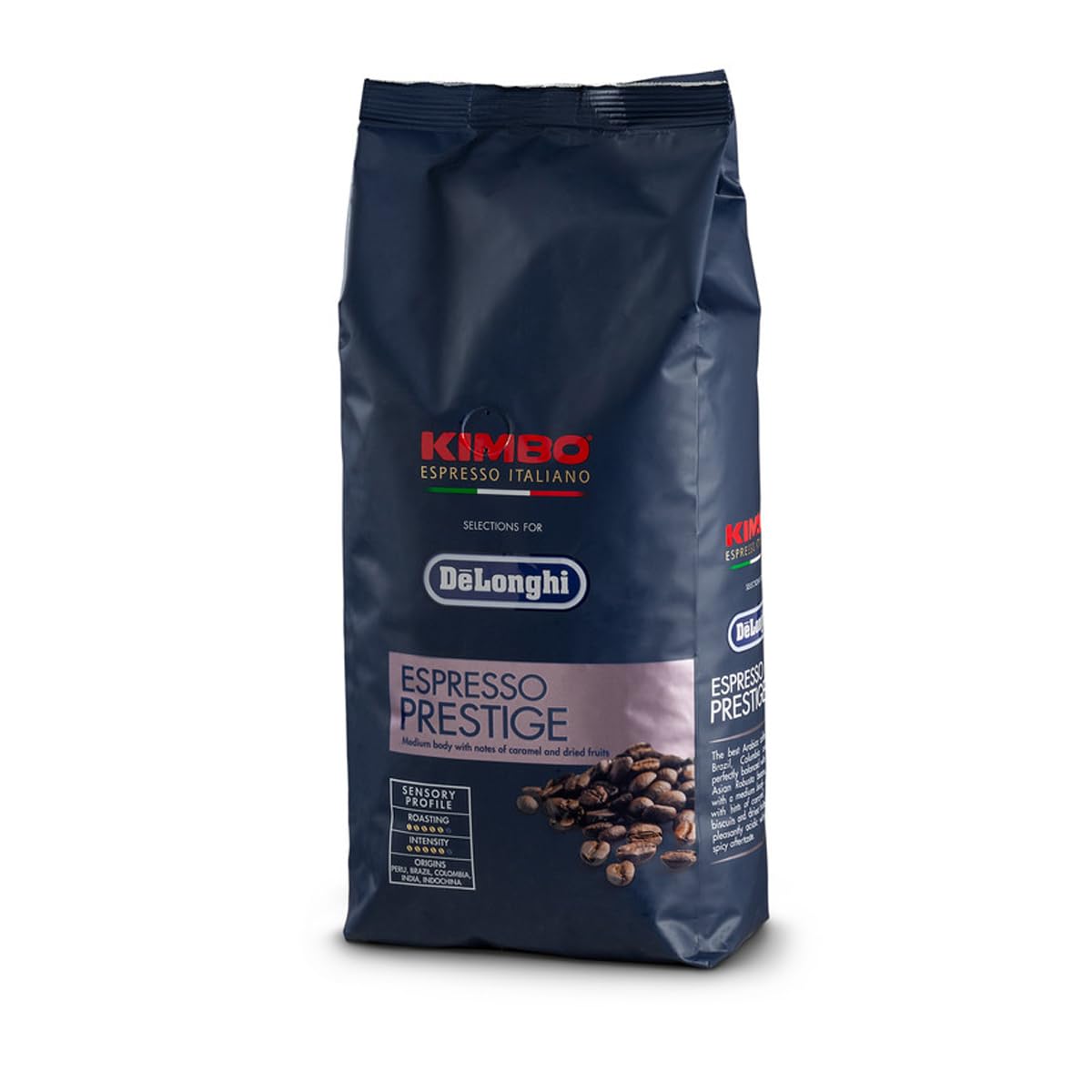 DeLonghi Kimbo Café en Grano Natural 1kg Espresso Prestige para Moler y para Cafetera Superautomática - Café de Tueste Medio Alto 65% Arábica y 35% Robusta - Intensidad 5/6, Aroma 4/6 y Sabor Suave