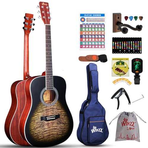 Winzz Akustik Gitarre 4/4, Western Gitarre Anfänger Erwachsene Schönes Geflammtes Design, Gitarre...