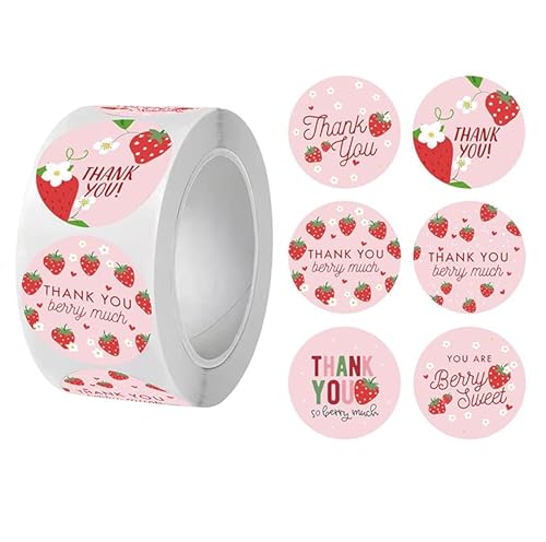 500pcs Strawberry Thank You Labels 6 Designs Sweet Berry Much Stickers Pink Fruit Envelope Seals for Party Dessert Prescent Packing Supplies - Mysuevin (1.5 inch)