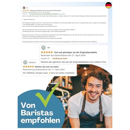 Reinigungstabletten 25 Stück – für alle Marken und Arten von Kaffeevollautomaten und Kaffeemaschinen, z. B. De’Longhi, Philips, Siemens, Saeco, Melitta, Krups, Miele – Markenqualität Made in Germany