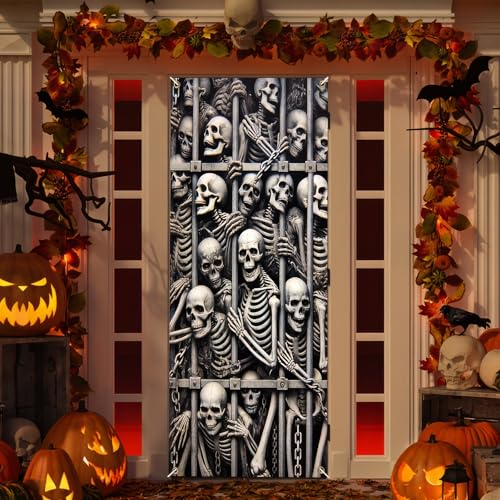 Image of Halloween Skeleton Fabric Door Cover Scary Skull Banner 35 x 71 Inch | Skeleton and Skull Design | Haunted House Door Backdrop | Halloween Party, Porch and Wall Decoration | 1 Piece