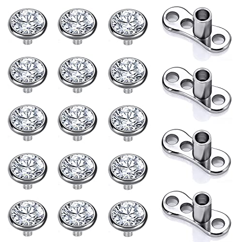 ZS 14/15PCS Cubic Zirconia Dermal Anchor Tops 2mm 3mm 4mm, 14G Surgical Steel Internally Threaded Dermal Anchor Base Microdermals Piercing for Women Men