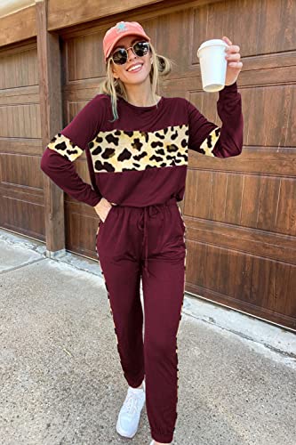 Prettygarden Women's Color Block 2 Piece Tracksuit Crewneck Long Sleeve Tops Long Sweatpants Outfits Lounge Sets (Leopard Wine Red,Medium) #TOP3