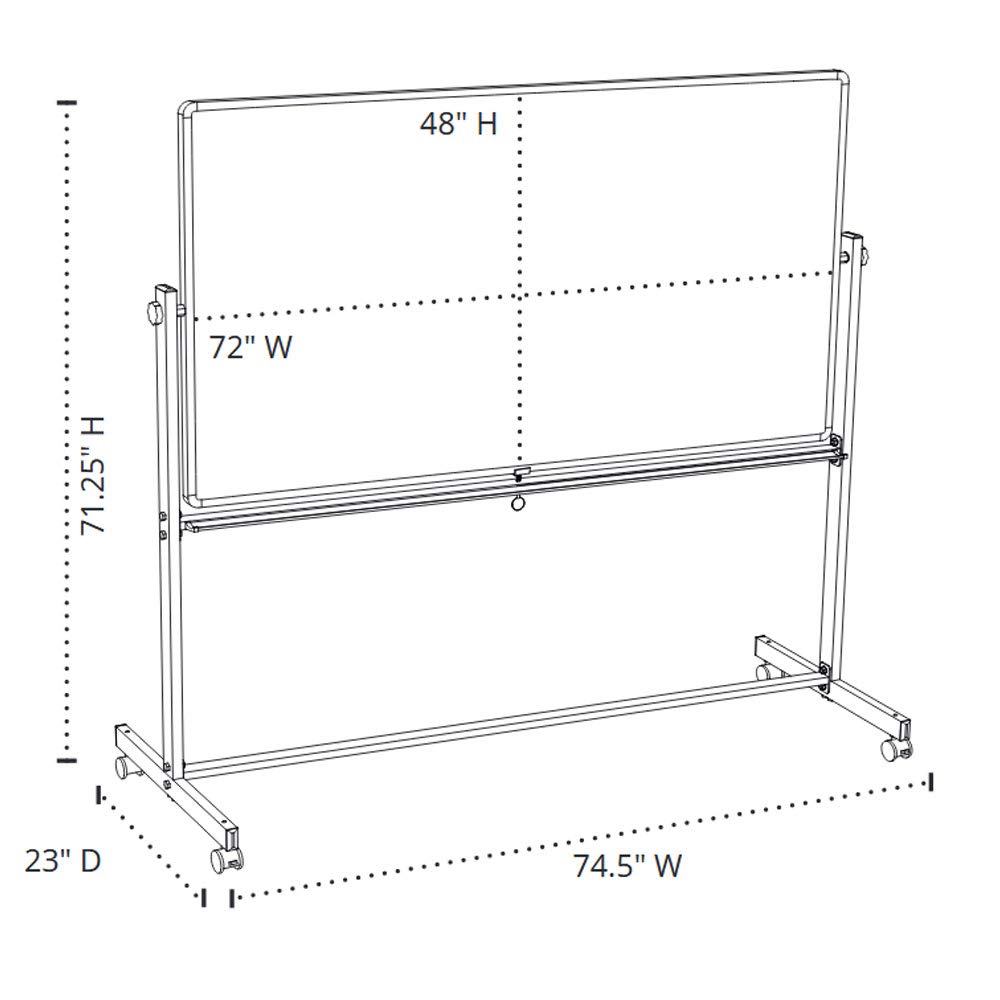 Luxor MB7248WW Extra Large Double-Sided Magnetic Dry Erase Whiteboard, 72" W x 48" H, Reversible Board on Wheels, Magnetic Surface, Aluminum Frame, White