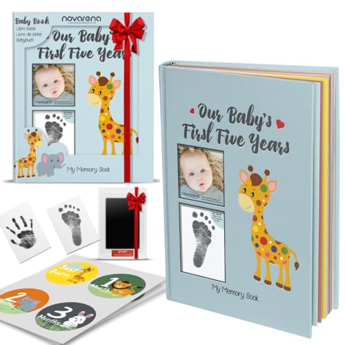 Image of NOVARENA Keepsake Memory Book for Baby Boy or Girl Timeless First 5 Year Baby Book A Milestone Baby Book from Birth to Age 5 Gender Neutral Journal Scrapbook Photo Album Stickers Baby Ink Pad