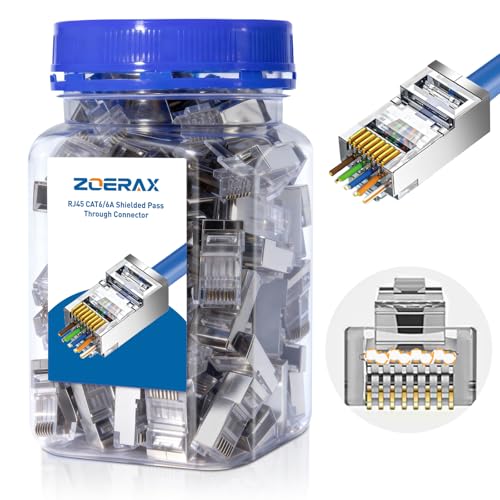 100-Pack Cat 6A RJ45 Pass Through Connector, Cat 6 RJ45 Connector Wire OD 1.20mm Ethernet Ends/Shielded RJ45 Connector for Solid or Stranded FTP/STP Cable