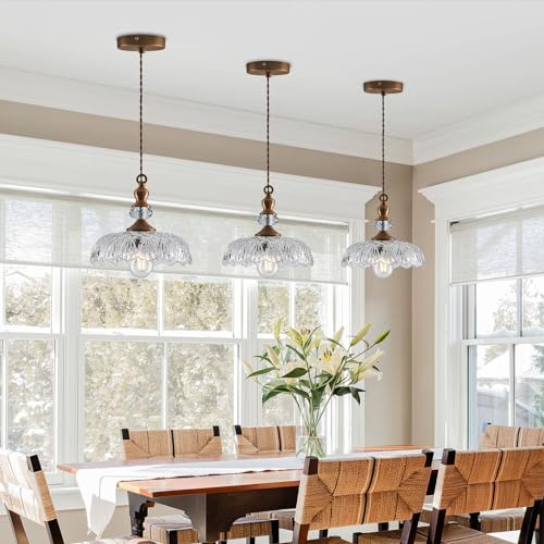 Image of CVKASH Vintage Glass Pendant Light Fixture 3-Pack Brass Modern Adjustable Chandelier Farmhouse Hanging Ceiling Light for Hallway Porch Kitchen Bedroom Coffee Shop Dining Room