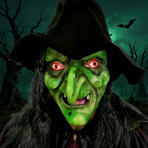 YGVQN Máscara de bruxa de látex com cabelo preto e chapéu, máscara de Halloween de bruxa antiga assustadora para adultos, acessório disfarce de terror cosplay, festas de terror e casas encantadas