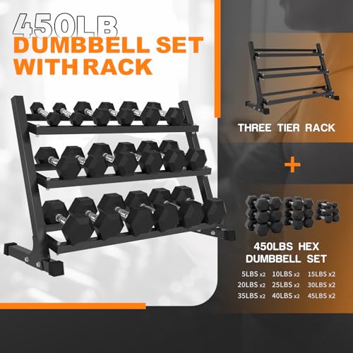 Image of Mikolo Dumbbell Sets with Rack, Rubber Hex Dumbbells, Multiple Choices in 160 /200 /380 /450 /550LB, Hand Weights with Chrome Handle for Strength Training