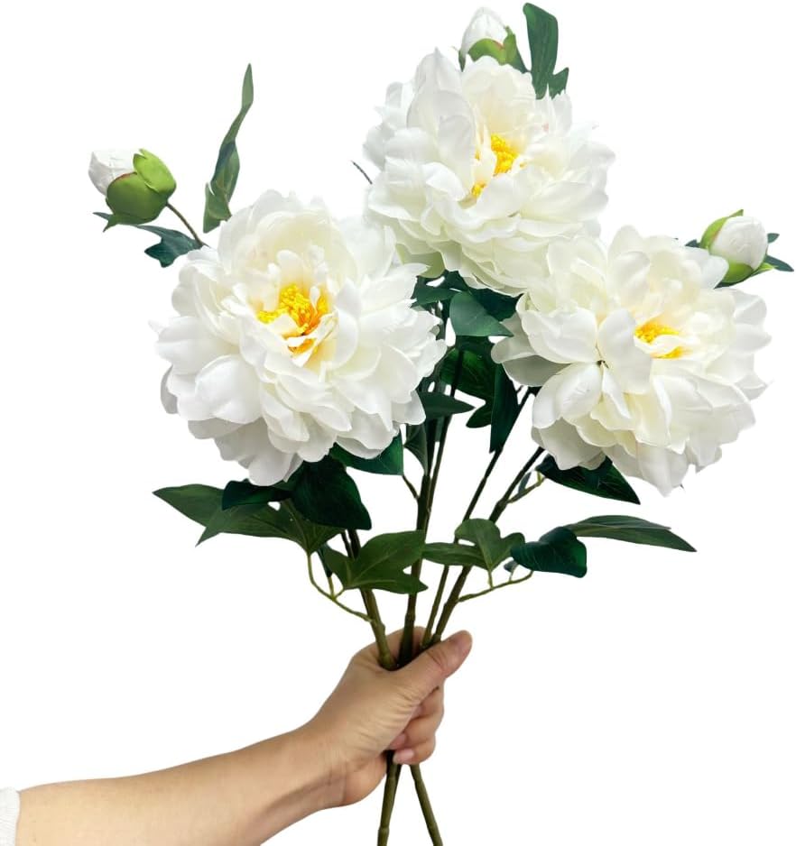 3 Pieces White Peonies Artificial Flowers,27"Silk Flowers with Stems,Winter Flowers Artificial for Decoration,Long Stem Artificial Flowers for Tall Vase,Wedding Table Centerpiece Party Decor(White)