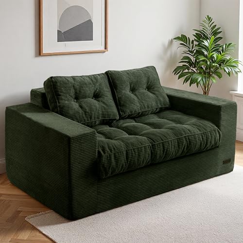 Listado de Sofás de dos plazas más recomendados. 42 MAXYOYO - Sofá de dos plazas tapizadas, puf con 2 plazas, para adultos, sofá sin huesos, con cojín y almohadas, sofá en una caja, no requiere montaje, verde oscuro
