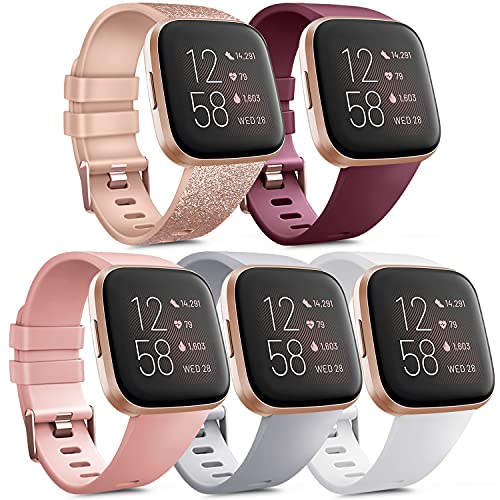 Amzpas 5 Pack Sport Bands Compatible with Fitbit Versa 2 Band/Fitbit Versa/Versa Lite/Versa SE, Classic Soft Silicone Replacement Wristbands for Versa 2 Smartwatch Women Men (Small, 5Pack B)