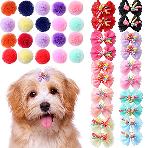 Waydress 40 Pieces Small Dog Bows Dog Hair Accessories with Rubber Bands Dog Topknot Bows Mixed Colors Pet Hair…