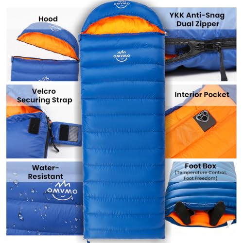 Bolsa de dormir rectangular OMVMO Envelope Down para camping, plumas 600 FP, para adultos, capucha desmontable y cremallera bidireccional, conectable a manta miniatura 4