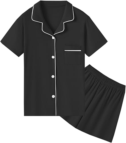 QZH.DUAO 100% Cotton Pajamas Set, Girls PJs Button Down Short Sleeve Sleepwear Nightwear Loungewear, Black, 13-14 Years