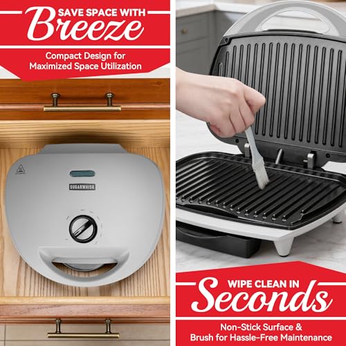 Image of SugarWhisk Family-sized Contact Grill, 6-Serving Electric Indoor Grill with Adjustable Temp Control, Ceramic Coating, 1500W, Silver