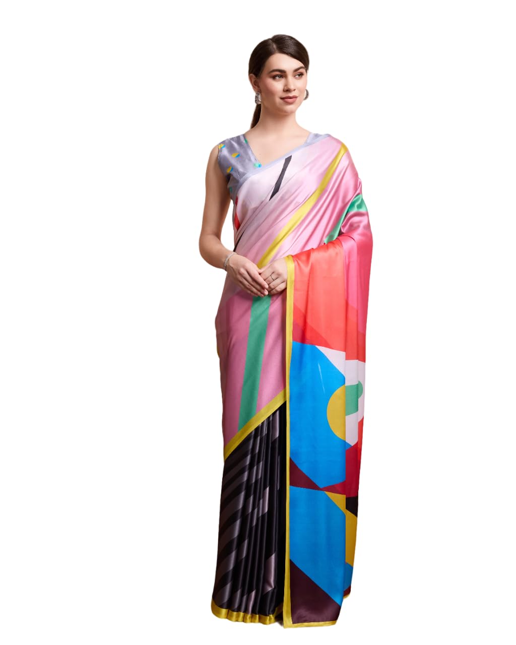 Digital Striped Prints Satin Silk Ready To Wear Saree