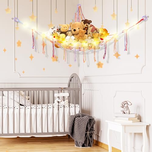 Image of CERETIA Stuffed Animal Hammock with LED Light, Large Stuffed Animals Storage Corner Plushie Net for Kids Room Decor, Rainbow