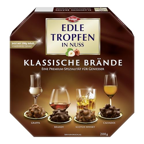 Edle Tropfen in Nuss Klassische Brände 200g flüssig gefüllte Schokoladenpralinen mit Milchschokoladen-Überzug und knackigen Haselnuss-Splittern