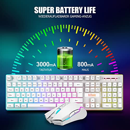 RedThunder K10 Kabelloses Gaming Tastatur und Maus Set, QWERTZ DE-Layout LED Hintergrundbeleuchtung, 3000mA Batteriekapazität Kabelloses Tastatur und 3200 DPI Kabelloses Gaming Maus für Gamer(Weiß) - Image 4