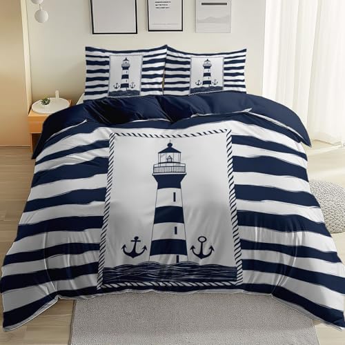 Housse de Couette Bord De Mer Phare Rayures Imprimé, 140 x 200 cm Parure de lit pour Adulte, Bleu...